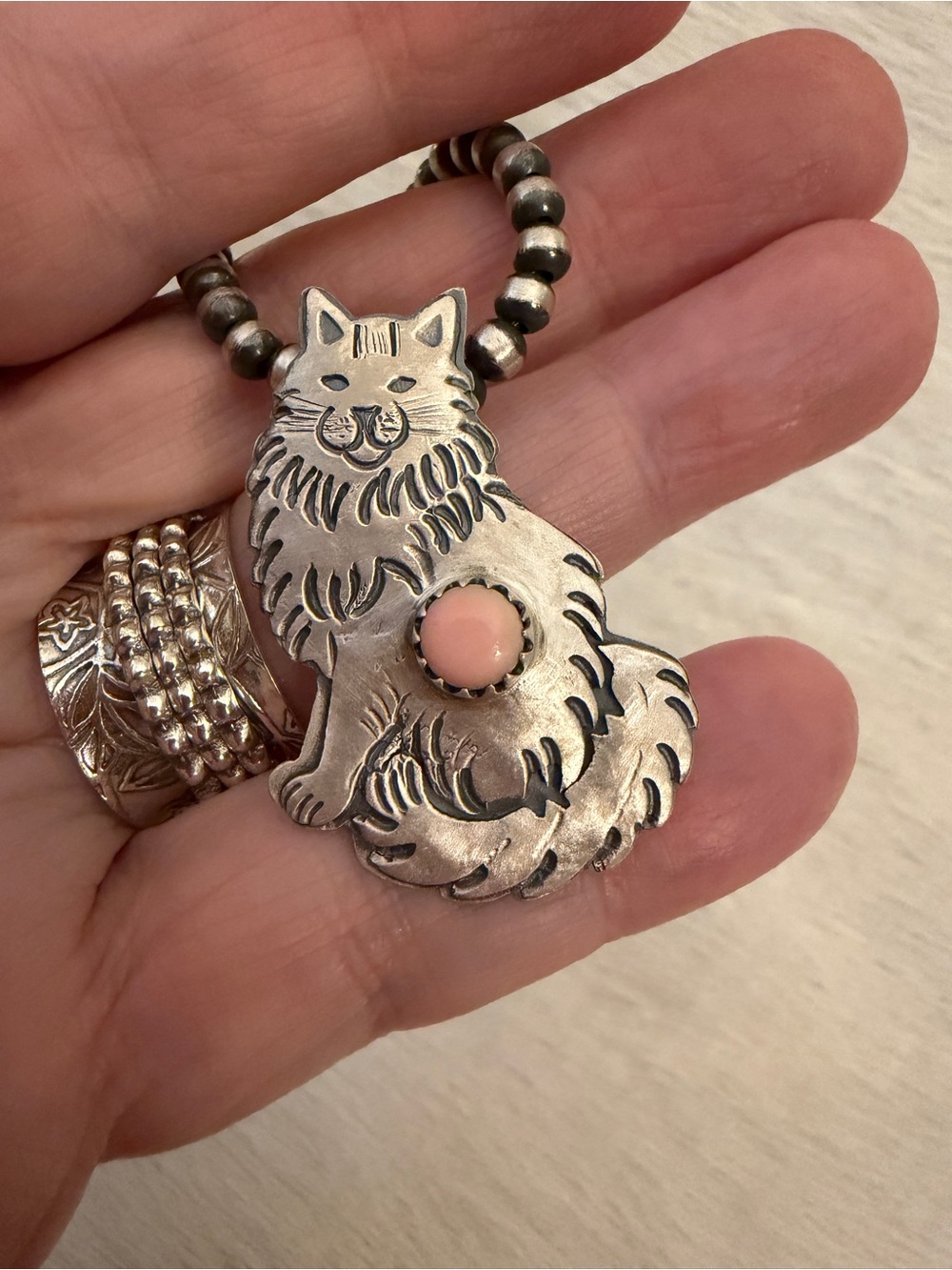❤️ Queen Pink Conch Sterling Hand Stamped Kitty Cat Statement Pendant 1.55”L